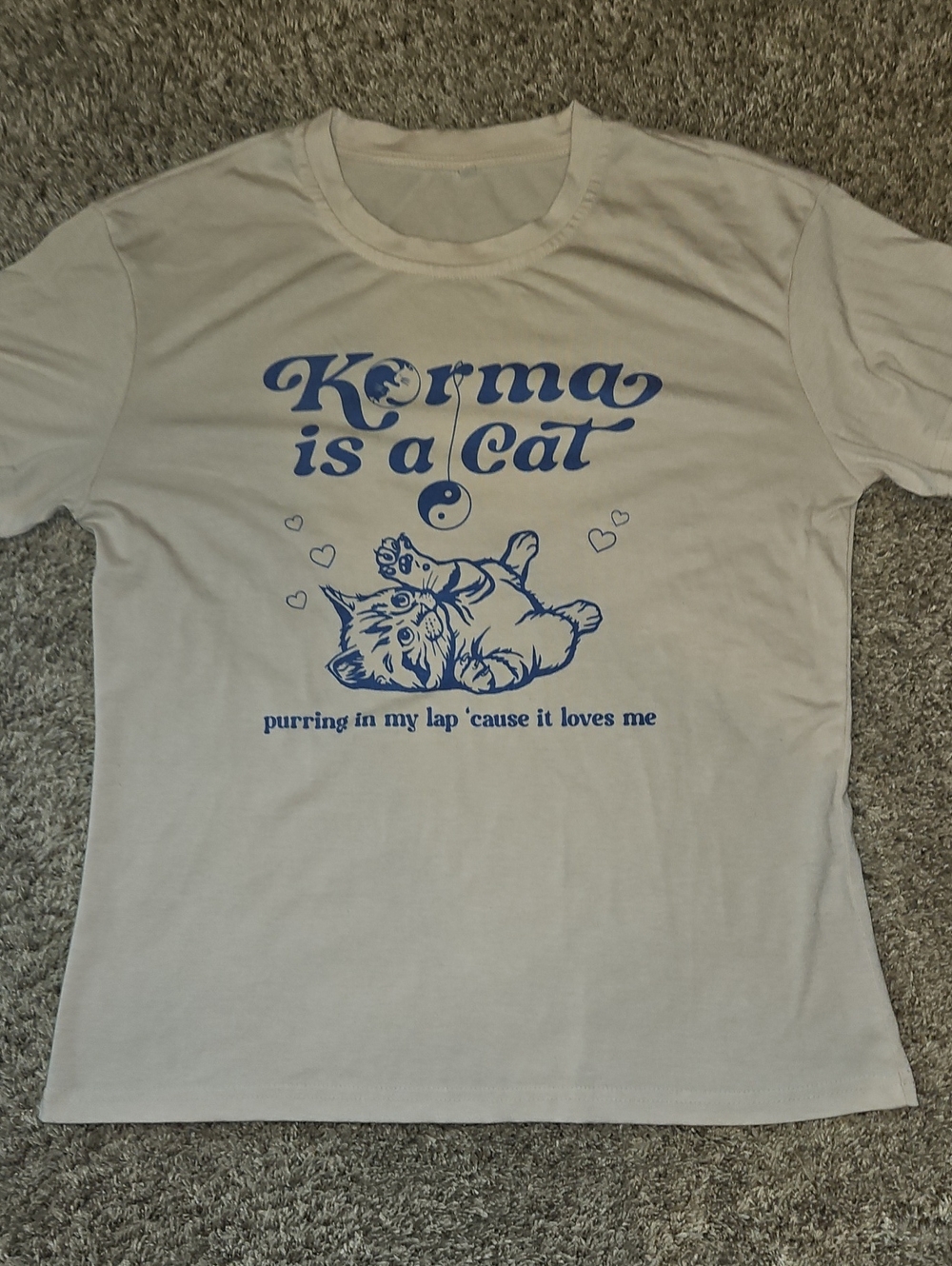 Karma Is a Cat Graphic Tee - Blue on Cream (Brand Unspecified)